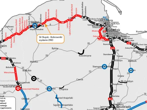 Mapa drogowa z zaznaczoną trasą S6 Słupsk - Bobrowniki, w realizacji.