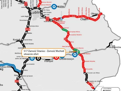 Mapa przebiegu drogi S17 od Zamościa Sitaniec do Zamościa Wschód, z zaznaczonym otwarciem ofert.