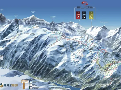 Mapa narciarska Les Deux Alpes z zaznaczonymi trasami, wyciągami i szczytami. Widok górski z lodowcami i jeziorami.