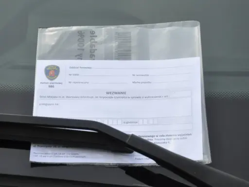 Wezwanie od Straży Miejskiej za złe parkowanie. Dokument zawiera pieczęć Straży Miejskiej Warszawa, numer alarmowy 986 i pole do wpisania przyczyny wezwania.