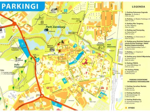 Mapa Pszczyny z zaznaczonymi parkingami, w tym przy Pokazowej Zagrodzie Żubrów.