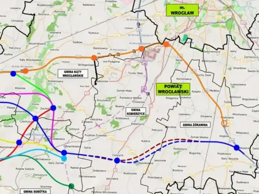 Mapa przedstawia plan budowy autostrad w Polsce do 2041 roku, z zaznaczonymi trasami wokół Wrocławia i okolicznych gmin.