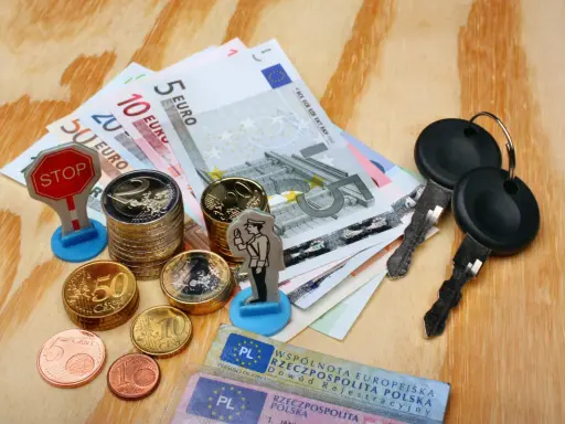 Kluczyki, pieniądze i figurka policjanta sugerują potencjalne mandaty w Niemczech.