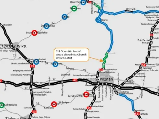 Mapa drogowa z zaznaczonym odcinkiem S11 Oborniki-Poznań, który jest częścią systemu odcinkowego pomiaru prędkości S11.
