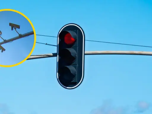 Czerwone światło na sygnalizatorze. W okręgu widać kamery, które mogą rejestrować wykroczenia, zastanawiamy się, czy fotoradar łapie w dwie strony.