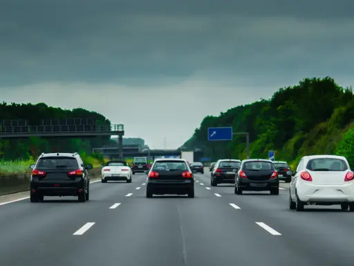 Ruch samochodów na niemieckiej autostradzie A8 pod pochmurnym niebem. Widać kilka czarnych i jeden biały samochód jadący pasem.