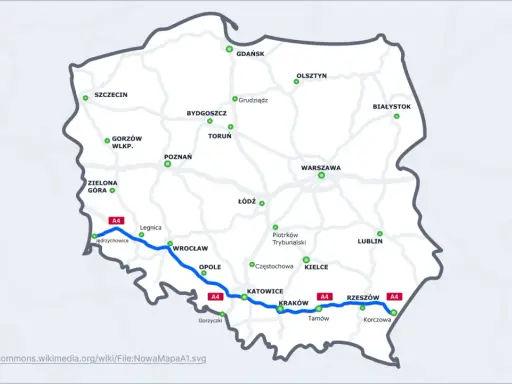 Mapa Polski z zaznaczoną autostradą A4, biegnącą od Jędrzychowic przez Wrocław, Katowice, Kraków do Korczowej.