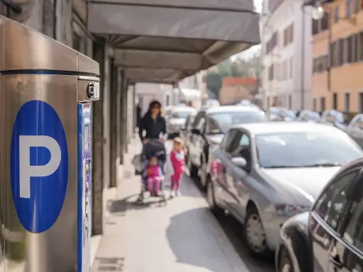 Parkomat z symbolem "P" i w tle kobieta z dziećmi na wózku, a obok samochody. Czy to parkowanie w miejscu niedozwolonym?