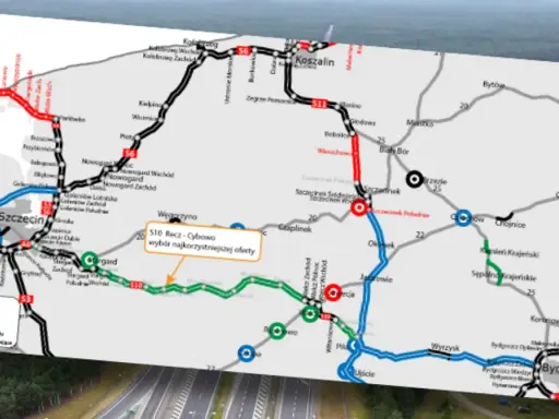 Mapa drogowa z zaznaczonymi trasami, w tym drogami w budowie i planowanymi. Widoczna jest trasa Szczecin - Bydgoszcz.