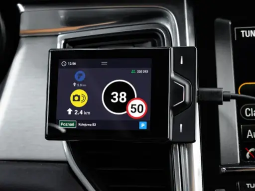 Nawigacja w pojeździe kategorii M1 pokazuje aktualną prędkość 38 km/h i ograniczenie do 50 km/h.