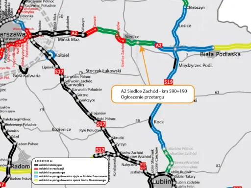 Mapa drogowa z zaznaczoną autostradą A2. Widoczny odcinek A2 Siedlce Zachód - km 590+190 z ogłoszeniem przetargu.