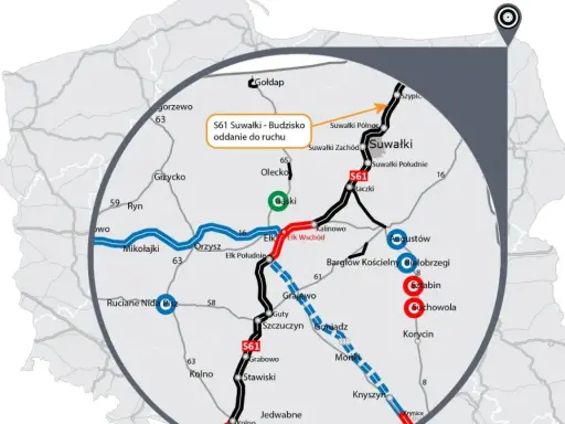 Mapa pokazuje przebieg trasy S61 od Suwałk do Budziska, z zaznaczonymi miastami i odcinkami drogi.