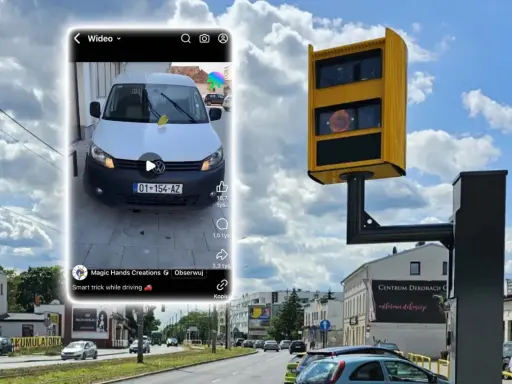 Jak wypełnić mandat z fotoradaru wzór? Na filmie biały bus, fotoradar i droga.