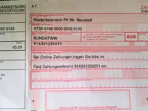 Dokument płatności z Austrii na kwotę 45 EUR. Numer referencyjny 916301239251.