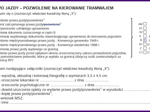 Formularz dotyczy prawa jazdy. Zaznaczono zwrot zatrzymanego prawa jazdy, co może być związane z tym, na ile zabierają prawo jazdy za prędkość.