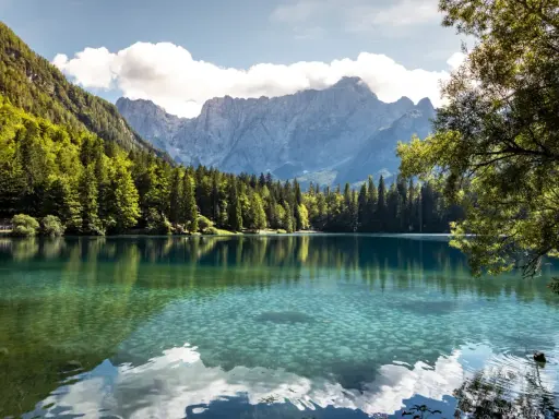 Krystalicznie czyste jezioro w regionie Friuli-Wenecja Julijska, otoczone lasem i majestatycznymi górami.