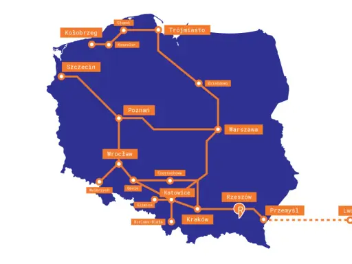 Mapa Polski z zaznaczonymi trasami kolejowymi. Widoczna jest trasa do Rzeszowa, łącząca wiele miast, w tym Warszawę, Kraków i Przemyśl.
