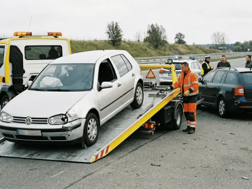 Pomoc drogowa w akcji: srebrny Volkswagen na lawecie, obok czarna Skoda i policja. Trwa holowanie auta po wypadku.