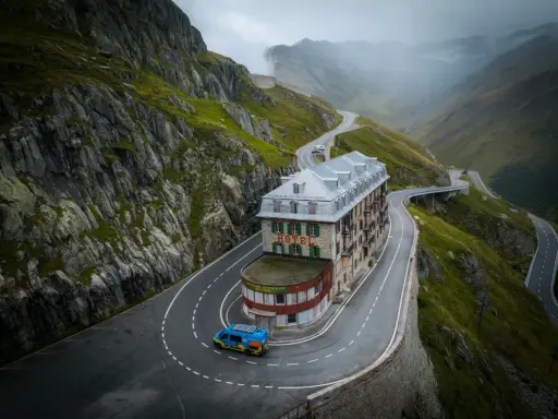 Malowniczy hotel na serpentynach w Alpach, idealny punkt na **grand tour szwajcaria**. Niebieski busik z panelami słonecznymi.