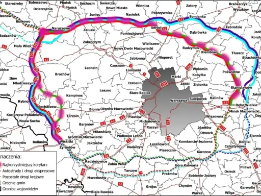 Mapa pokazuje proponowane korytarze dróg ekspresowych wokół Warszawy, z zaznaczonymi utrudnieniami na dk 50.