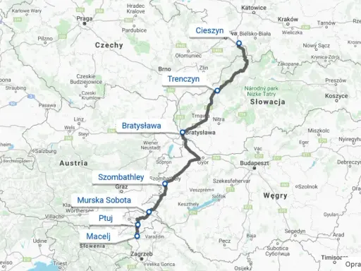 Trasa z Cieszyna przez Bratysławę, Szombathely, Ptuj do Zagrzebia. Zastanawiasz się, ile kilometrów jest do Chorwacji? Mapa pokazuje drogę do Zagrzebia.