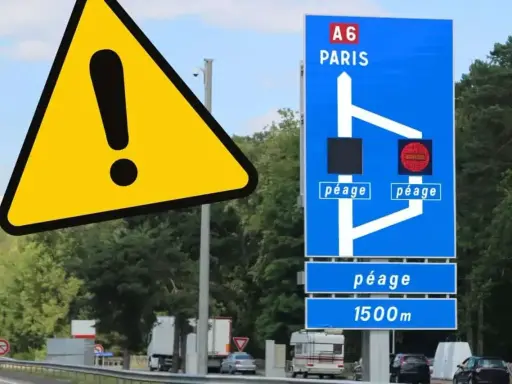 Uwaga! Francja samochodem: znak ostrzegawczy i tablica informująca o bramkach opłat (péage) na autostradzie A6 w kierunku Paryża.