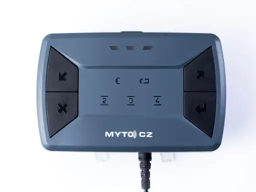 Elektroniczna winieta Czechy powyżej 3,5 tony. Urządzenie MYTO CZ z przyciskami nawigacyjnymi i cyfrowymi.