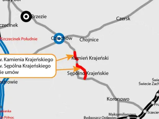 Mapa drogowa z zaznaczoną trasą DK25 obwodnica Sępólna Krajeńskiego. Widoczne miejscowości: Człuchów, Kamień Krajeński, Sępólno Krajeńskie.