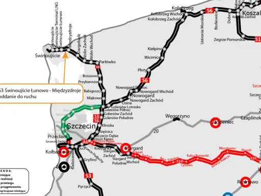 Mapa drogowa z zaznaczoną trasą S3 Świnoujście - Międzyzdroje.