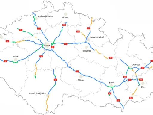Mapa autostrad w Czechach z zaznaczonymi głównymi miastami i numerami dróg.