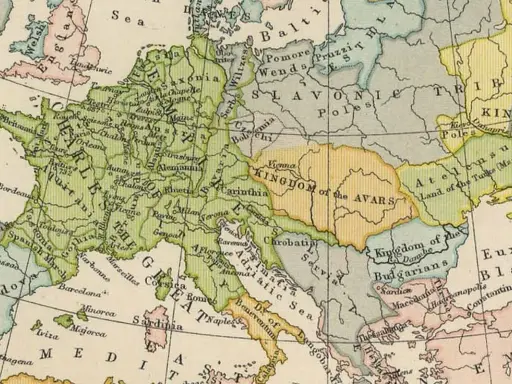 Mapa Europy z zaznaczoną Bawarią, która leży na wschód od Franków, na północ od Italii i na zachód od Królestwa Awarów.