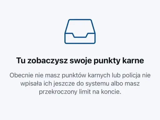 Ikona folderu i tekst: "Tu zobaczysz swoje punkty karne". Informacja, że nie masz punktów karnych lub przekroczyłeś limit, o ile można przekroczyć prędkość.