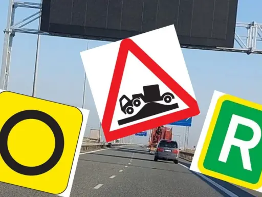 Oznaczenie drogi ekspresowej z trzema znakami: zakaz, nierówność drogi i parking.