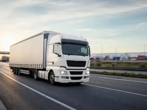 Biała ciężarówka jedzie autostradą w Holandii. W tle widać magazyny i kontenery.
