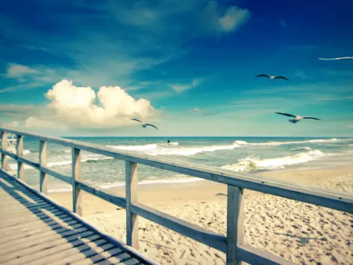 Drewniany pomost prowadzi do plaży w Sarbinowie. Ptaki szybują nad morzem, a fale rozbijają się o brzeg.