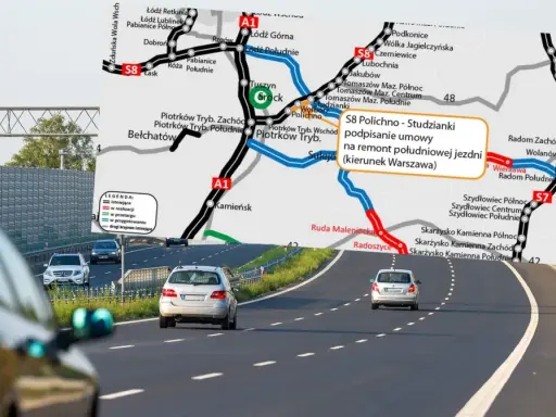 Mapa drogowa z zaznaczoną trasą S8 Polichno-Studzianki, w tle droga krajowa 88 z samochodami.