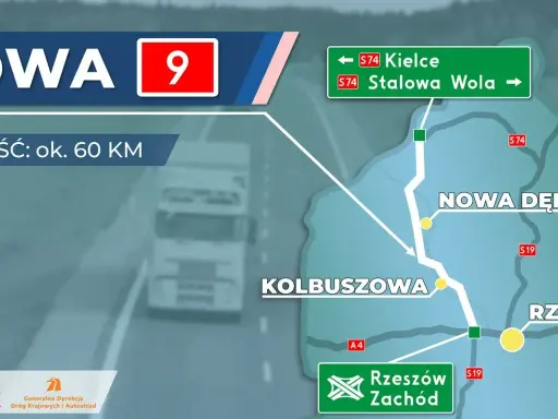 Trasa S19 na mapie: odcinek ok. 60 km z Kolbuszowej przez Nową Dębę do Rzeszowa Zachód.