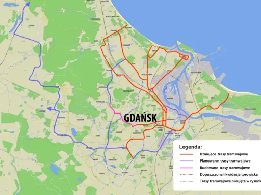 Mapa tras tramwajowych w Gdańsku i okolicach. Widoczna planowana **szemud trasa** tramwajowa łącząca Osowę z Matarnią.