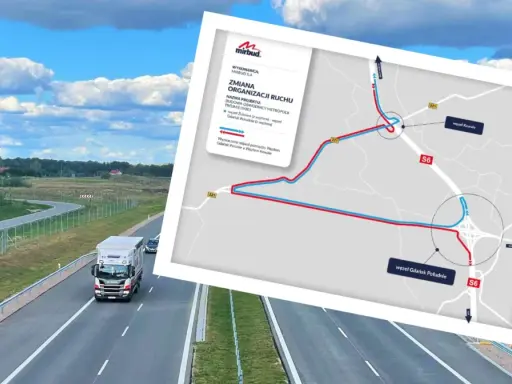 Utrudnienia na S6 dzisiaj. Mapa pokazuje objazd budowy obwodnicy metropolii trójmiejskiej. Ciężarówka i samochód jadą drogą.