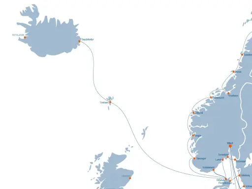 Mapa tras promowych: Islandia, Wyspy Owcze, Szkocja, Norwegia, Dania, Szwecja. Prom Polska Norwegia to marzenie wielu podróżników.