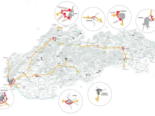 Mapa Słowacji z zaznaczonymi drogami i miastami. Wjazd na Słowację przez autostrady D1, D2, R1, R4.