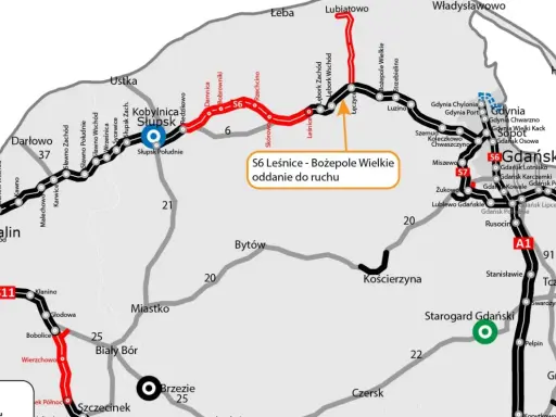 Mapa drogowa Pomorza z zaznaczoną drogą krajową 22, S6, S7 i A1. Widoczne miasta: Koszalin, Słupsk, Gdańsk, Gdynia, Tczew.