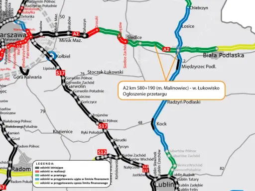 Mapa pokazuje autostradę A2, jej długość i przebieg, z zaznaczonym odcinkiem w przetargu.