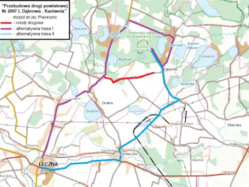 Mapa pokazuje przebudowę drogi powiatowej z Dąbrowy do Kaniwoli, z zaznaczoną łęczną trasą robót drogowych i alternatywnymi trasami I i II.