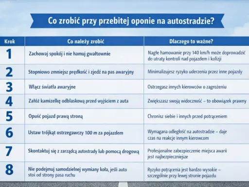 Tabela z instrukcją, co robić przy przebitej oponie na autostradzie: zachowaj spokój, zjedź na pas awaryjny, włącz światła, załóż kamizelkę, opuść pojazd prawą stroną, ustaw trójkąt, wezwij pomoc.