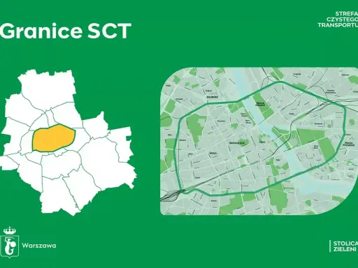 Mapa Warszawy z zaznaczoną Strefą Czystego Transportu. Polska naklejka ekologiczna informuje o granicach SCT.
