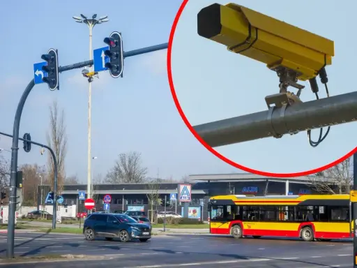 Żółte kamery na skrzyżowaniach rejestrują wykroczenia. Na zdjęciu widać skrzyżowanie z sygnalizacją świetlną, samochody i autobus.