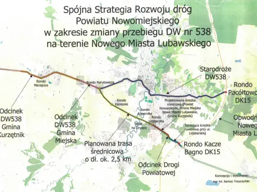 Mapa przedstawia planowaną trasę Nowe Miasto Lubawskie, w tym obwodnicę i ścieżki rowerowe, usprawniające ruch drogowy.