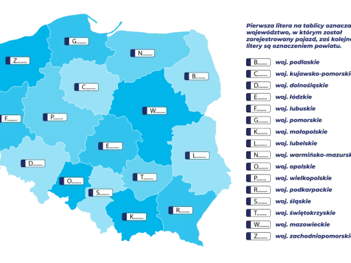 Mapa Polski z literami i kropkami, jak na tablicy rejestracyjnej, wskazującymi lokalizacje.