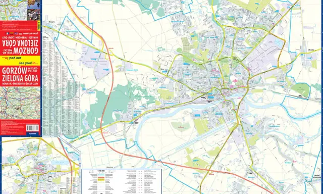 Mapa drogowa Gorzowa Wielkopolskiego i Zielonej Góry z zaznaczonymi trasami i planami miast.